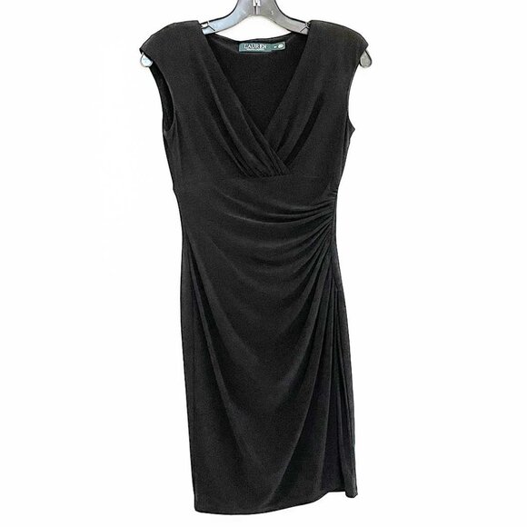 Lauren by Ralph Lauren Black Ruched Faux Wrap Dress Size 2P - Picture 2 of 9